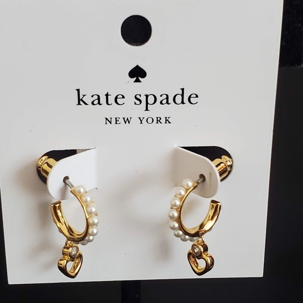 Kate Spade Shining Spade Pearl Heart‎ Huggie Hoop Dainty Earrings Gold Cream NWT